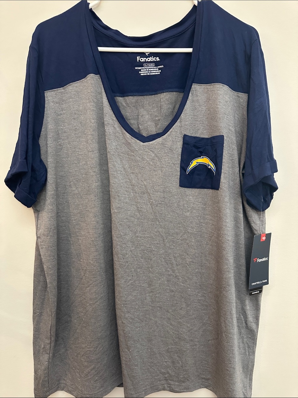 Fanatics Chargers V-Neck Pocket Tee - Navy & Gray with Bolt Logo